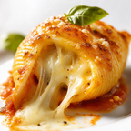Conchiglioni 4 Queijos gratinado com queijo derretendo